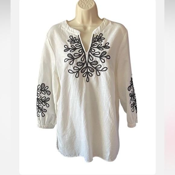 talbots Tops - Talbots Embroidered Linen Cotton Tunic Top Size M White Black 3/4 Sleeve Popover